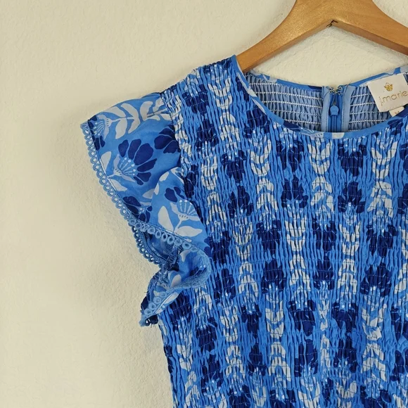 J. Marie Nwot The Luna Ruched Midi Floral Blue Dress Ruffle Sleeves Sz Medium - Picture 9 of 16